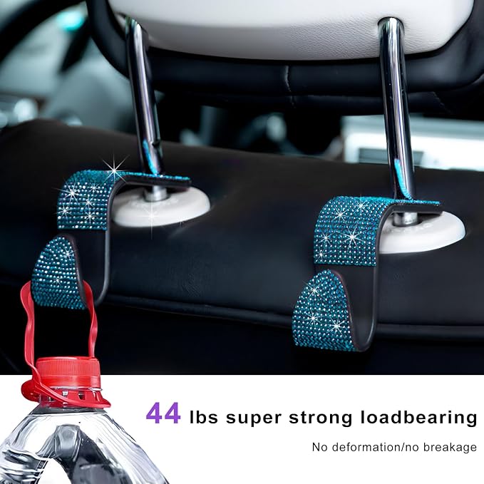 4 PCS Car Seat Headrest Hooks, Bling Crystal Rhinestone Back Seat Hanger Storage Organizer, Sparkly Seatback Holder Hooks for Purse and Bags Universal For Most Vehicles (Lake Blue) - Image 5
