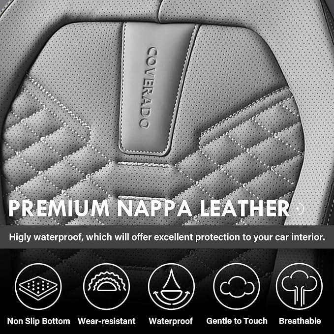 Coverado Car Seat Covers, Front Seat Cover, Waterproof Nappa Leather Seat Covers for Cars, 2 Pack Car Seat Protectors Driver Seat Cover, Automotive Seat Covers Universal Fit for Most Cars, Black&Gray - Image 7