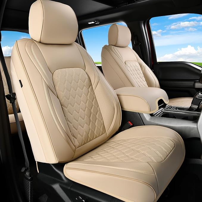 Huidasource F250 Front Seat Covers, 360° Full Coverage Leather Car Seat Protector Fit for Ford F150 2015-2026&F250 F350 F450 2017-2026 All Cab XL XLT Lariat King Ranch Platinum (Front Pair/Beige) by Huidasource