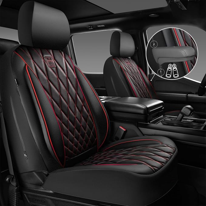 CAR PASS Piping Luxury PU Leather Two Front Car Seat Covers, Waterproof Anti Slip Seat Covers Compatible with Front Seat Armrests,Universal Fit for Suvs,Vans,Trucks,Airbag Compatible(Black and Red) - Image 2