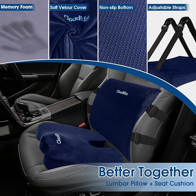 CloudBliss Ergonomic Seat Cushion & Lumbar Support Pillow Set, Blue, Large | Back Pain & Sciatica Relief, Memory Foam Support, Adjustable Straps, Machine Washable Velvet, Perfect for Office, Car, Gaming - Image 3