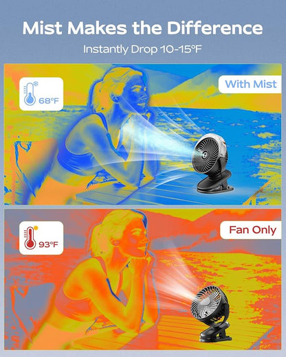 SWEETFULL Portable Misting Clip On Fan, USB-C Rechargeable Mini Personal Cooling Fan with 4 Speeds, 360° Rotatable, Quiet Cooling for Outdoor, Camping, Golf Cart, Travel, Stroller & Desk (Black) - Image 3