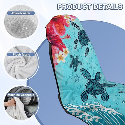 Sea Turtle Print Car Seat Towel Cover After Gym Hibiscus Plumeria Print Sweat Towels for Car Seats Quick-Dry Seat Shield for Truck Sedan SUV, Easy to Install - Image 6