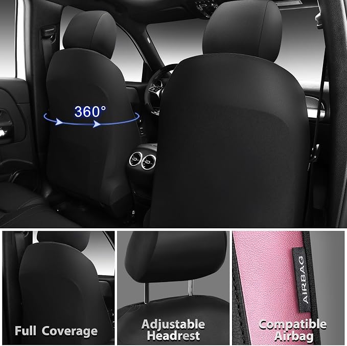 CAR PASS Memory 3D Foam Car Seat Covers Full Set, Breathable Mesh Thick Seat Covers for Car, Pink Metal Film Leather Seat Covers, Universal Automotive Comfort for SUVs Trucks, Black Pink - Image 7