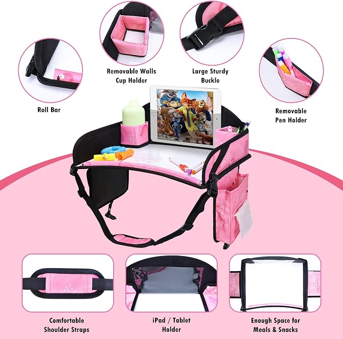 2PCS Kids Travel Tray, Toddler Road Trip Essentials With Drawing Kit | Dry Erase Board, iPad Holder Stand, Adjustable Straps to Prevent Shaking, Multi-Pockets, Portable - Image 7