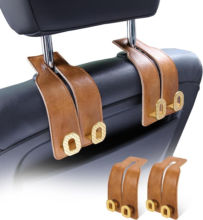 Car Headrest Hooks Universal Car Purse Hook Premium Leather and Alloy Twin Hook Car Seat Back Storage Hanger Hook for Purse Bags Cloth Drink Durable Holder Car Accessories (BH09-Brown-Gold) - Image 8