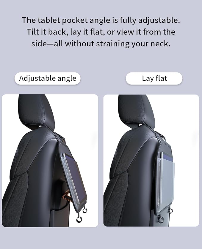Backseat Car Headrest Tablet Holder 7-11 Inch | Durable PU Leather, Adjustable Mount, Transparent Touch Screen Pocket, Storage Hooks - Image 7