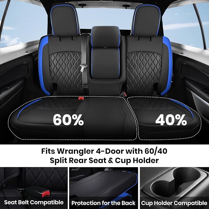 Coverado Seat Covers Fullset for Jeep Wrangler, Waterproof Car Seat Covers for Truck Automotive Seat Covers Custom Fit for 2018-2026 Jeep Wrangler JL Seat Covers 4-Door with Rear Cupholder Only（Blue） - Image 4