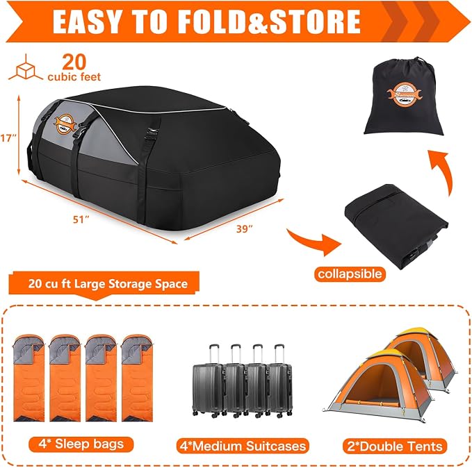 Sailnovo Rooftop Cargo Carrier roof Bag, 20 Cuft fit Cars with/Without Rack | Soft Waterproof Car Roof Bag,6 Tie-Down Straps, 6 Door Hooks,Foldable Car Top Carrier for Road Trip Camping Travel - Image 2