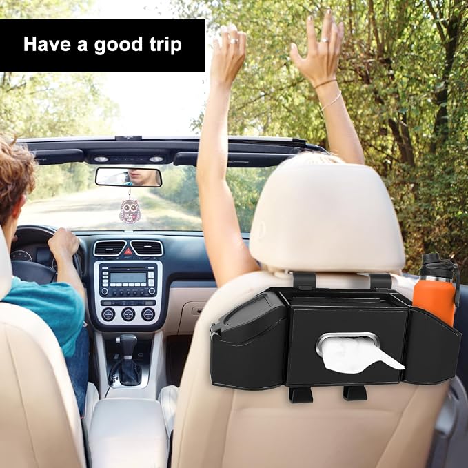 7-In-1 Car Seat Back Organizer with Cup Holders, Tissue Box, Garbage Can&Hooks, Multifunctional Headrest Storage Organizer, Headrest Cup Holder for Backseat, Car Accessories for Trips, Travels(Black) - Image 9