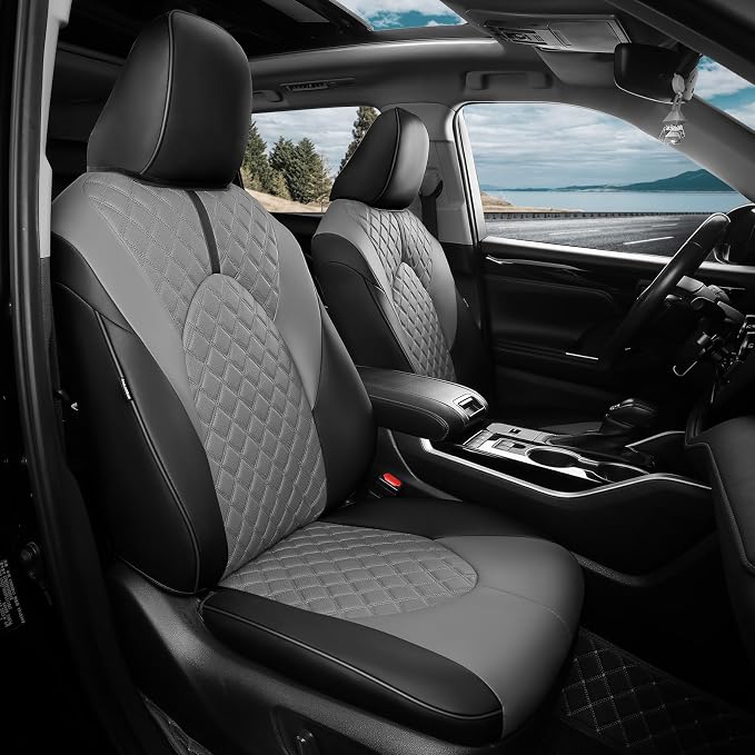 Custom Seat Covers for Toyota Highlander 2020-2024 8 Seats | black grey,faux leather, 2nd row 40/60 split bench, waterproof, breathable, airbag compatible, stain resistant by FEINEPRO