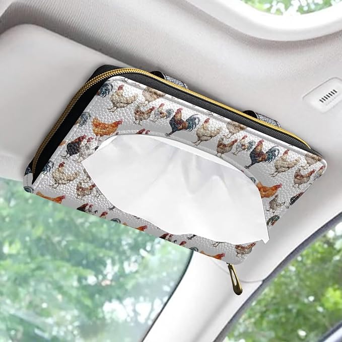 Biyejit 2 Pack Car Tissue Holder, Rooster Pattern Car Decorative Hanging Napkin Case, PU Leather Tissue Box for Car Sun Visor, Backseat - Image 2