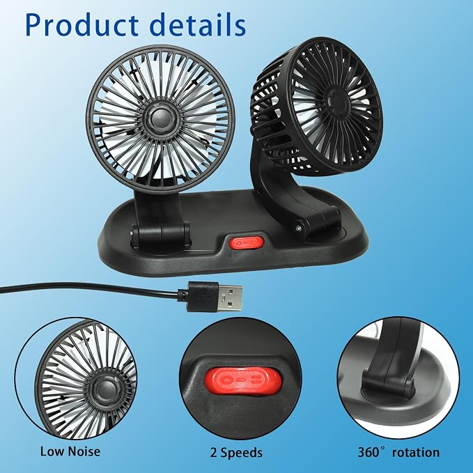 Adjustable Dual Head Car Cooling Fan-Brushless Motor-2 Speeds, 360 Rotation, for Car Dashboard, Powerful Cooling Solution for SUV/RV/Truck/Sedan/Cruise/Office, USB Powered (2-head 5V) - Image 8