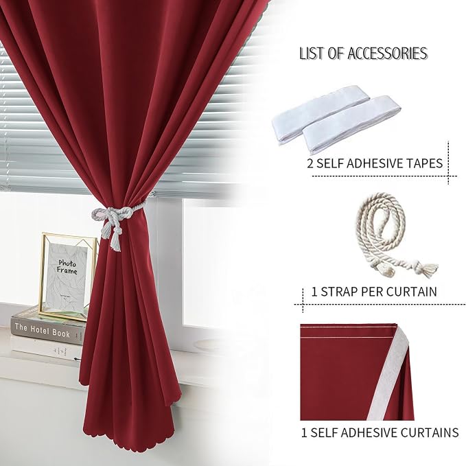 Self Adhesive Curtains, Stick Curtain Blackout Shades Window Cover Curtains for Living Room No Drilling, 47" W X 59" L, Burgundy, 1 Panel - Image 2