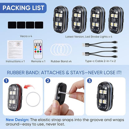 Upgraded 4LEDs 4PCS Wireless LED Strobe Lights with Remote Control, 8 Colors Type-C Rechargeable Led Lights Anti Collision Warning Light for Car Motorcycle Bike Drone Aircraft - Image 7