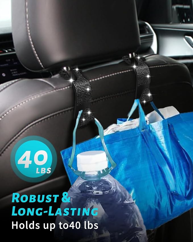 Sparkling Car Seat Hooks, 4 Pack, Black Purse Holder for Car Headrest, Chic Automotive Accessories for Women Essentials Handbag Clothes Coats Grocery Bags - Image 5