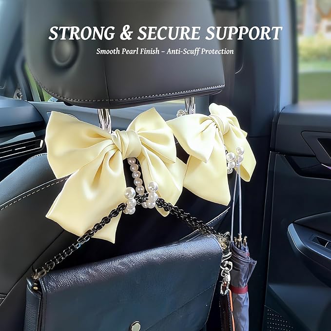 2 PCS Bow Pearl Car Seat Headrest Hook – Cute Purse Hook for Car, Girly Interior Decoration Accessories Hook Hanger, Seatback Holder for Purses & Bags, Elegant Car Organizer (Pearl White) - Image 3
