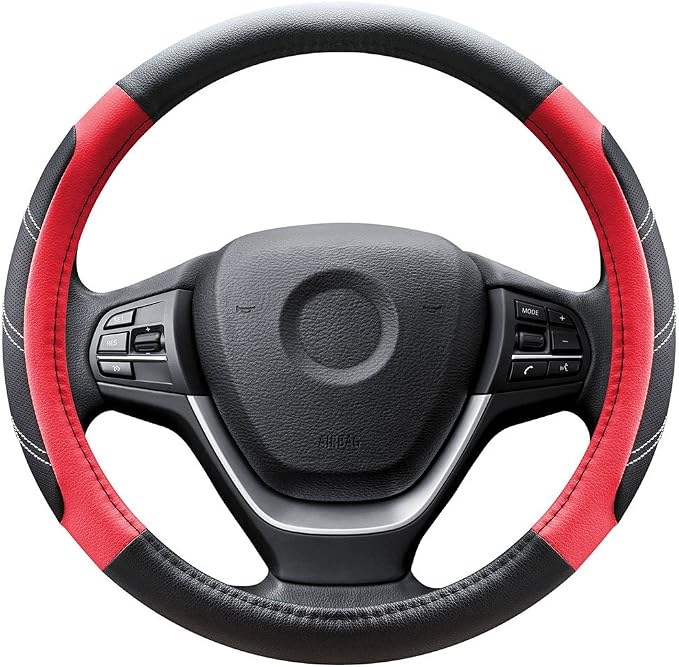 Elantrip Leather Steering Wheel Cover 14 1/2 to 15 inch Universal Padded Soft Grip Breathable for Car Truck SUV Jeep Anti Slip Black and Red - Image 8