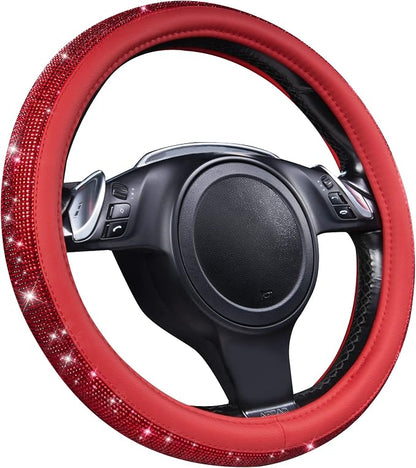 CAR PASS Bling Diamond Leather Steering Wheel Cover, with Bling Sparkly Crystal Glitter Rhinestones Universal Fit 14" 1/2-15" Car Wheel Protect for Women Girl Fit Suvs,Vans,Sedans,Cars,Trucks, Red - Image 7