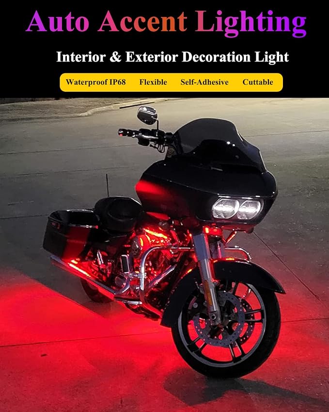 YM E-Bright IP68 Waterproof LED Strip Lights, 24inch 72SMD 12V Red 4 Pack | Cuttable underglow strips suit compatible cars, motorcycles, boats, and golf carts for interior or exterior accent lighting. - Image 4