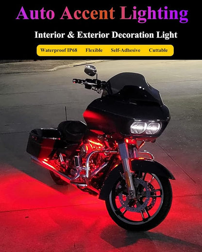 YM E-Bright IP68 Waterproof LED Strip Lights, 24inch 72SMD 12V Red 4 Pack | Cuttable underglow strips suit compatible cars, motorcycles, boats, and golf carts for interior or exterior accent lighting. - Image 4