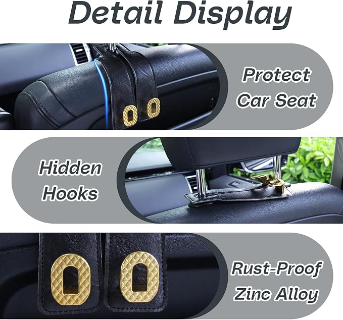 Car Headrest Hooks Universal Car Purse Hook Premium Leather and Alloy Twin Hook Car Seat Back Storage Hanger Hook for Purse Bags Cloth Drink Durable Holder Car Accessories (BH09-Black-Gold-4 Pcs) - Image 5