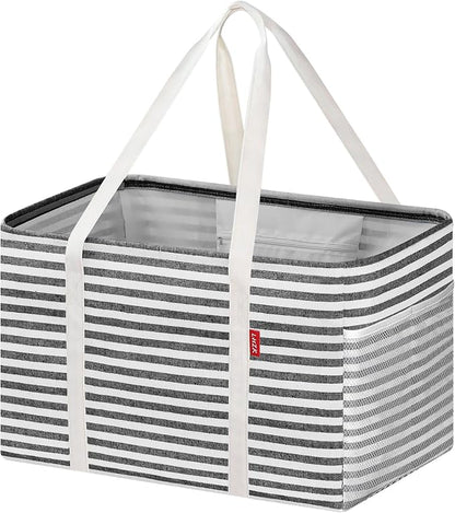 LHZK Standing Utility Tote Bag with Metal Wire Frame and the Sides Rinforced, Large Tote Bag with Handle, Reusable Grocery Bags Foldable, Beach Bag, Car Tote, Black, 18.5''x11.8''x11.5'' | Metal Wire Frame by LHZK