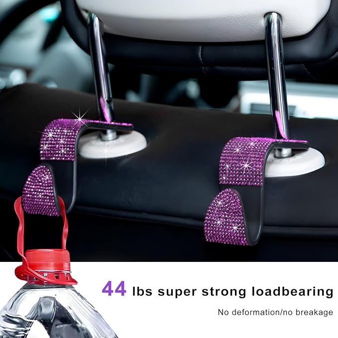4 PCS Car Seat Headrest Hooks, Bling Crystal Rhinestone Back Seat Hanger Storage Organizer, Sparkly Seatback Holder Hooks for Purse and Bags Universal For Most Vehicles (Pink) - Image 5