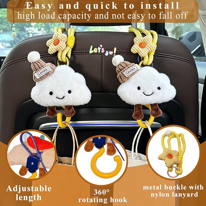 2 Pack Cute Car Headrest Hooks 360° Rotating Adjustable Length, Seat Decorative Hanger for Handbags Shopping Bags(Hat Cloud) - Image 4