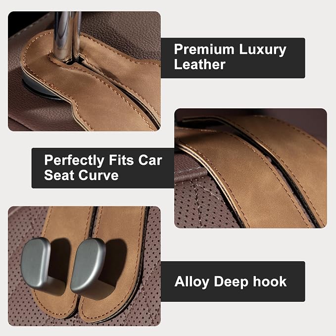 CoBak Purse Hook for Car - Universal Premium Stitched Leather and Aluminum-Magnesium Alloy Double Car Seat Back Storage Hook for Purses, Handbags, Bags (2 Pack),Brown - Image 3