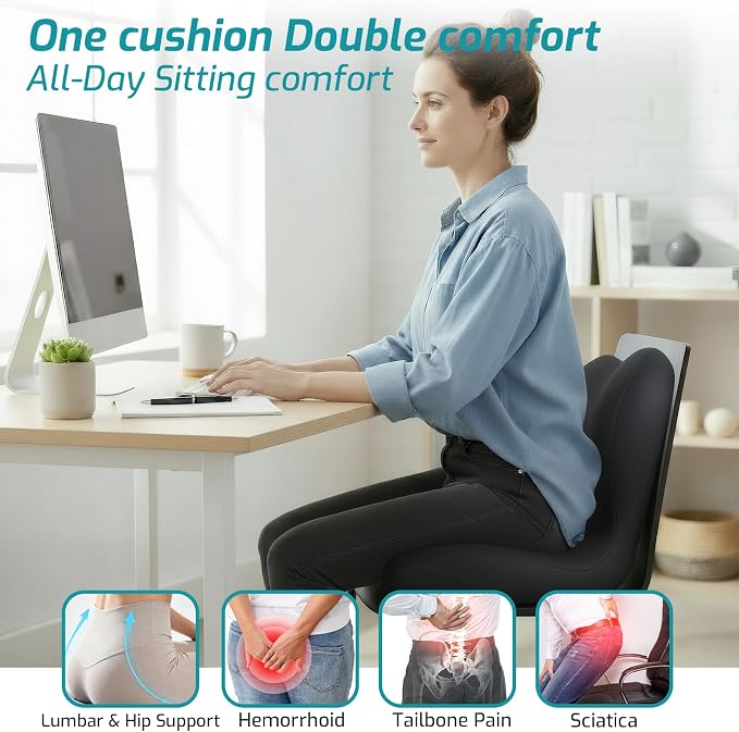 Memory Foam Seat Cushion,Office Chair Cushion with Lumbar Support for Back Pressure Relief, Car Seat Cushion with Adjustable Strap,Sciatica Pad Cushions for Car,Truck, Desk,Gaming Chair - Image 2