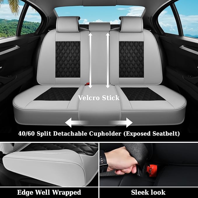 Coverado Universal Car Seat Covers Full Set, Luxury Stain-Resistant Waterproof Faux Leather Front & Rear Seat Protectors, Elegant Easy-Clean Automotive Interior – WhiteBlack - Image 4