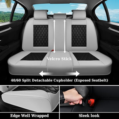 Coverado Universal Car Seat Covers Full Set, Luxury Stain-Resistant Waterproof Faux Leather Front & Rear Seat Protectors, Elegant Easy-Clean Automotive Interior – WhiteBlack - Image 4