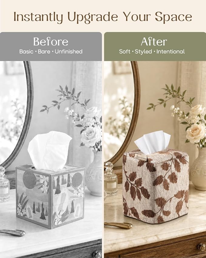Chenille Tissue Box Cover - Vintage Farmhouse Decor, Brown Leaf | Tissue Box Cover Square, Cube Tissue Holder, 4.5x4.5x5.5 in, Home, Living Room, Bathroom, Bedroom, Office, Vanity, Car Decor - Image 4