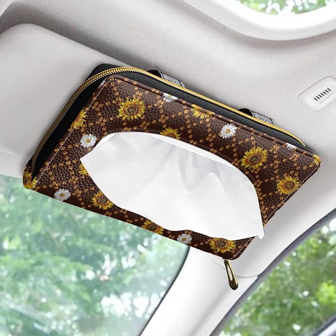 Biyejit 2 Pack Car Tissue Holder, Sunflower Plaid PU Leather Tissue Dispenser - Image 2