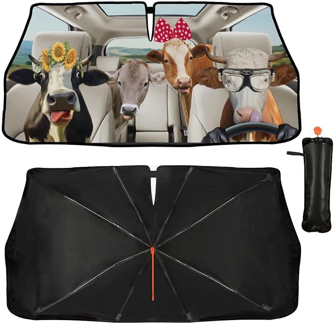 CHILLTEK Funny Animal Car Windshield Sun Shade, Cute Cow Car Sun Shade, Block UV Rays Heat Foldable Windshield Umbrella Sun Visor Protector - Keep Vehicle Cool for Cars SUV - Image 2