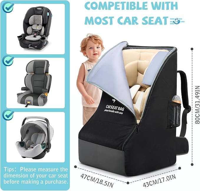 RAINSMORE Padded Car Seat Travel Bag for Airplane Car Seat Backpack, Black | Fits Infant Carrier & Boosters, Heavy-Duty Car Seat Cover for Air Travel Gate Check Carrier Bags for Airport with Side Pocket - Image 3