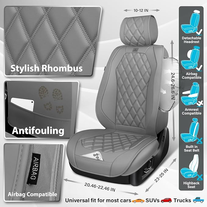 CAR PASS Luxury Nappa Leather Seat Covers Full Set, 3D Rhombus Waterproof Faux Leather Seat Covers, Universal Automotive Seat Cushion Fit for Most Sedan SUV Truck Van, Airbag Compatible Gray - Image 3