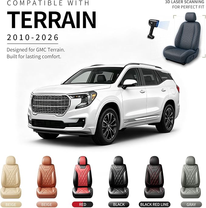Car Seat Covers Compatible with GMC Terrain 2010-2025 2026 - Waterproof & Breathable Luxury Leather All-Weather Seat Cushions Protectors, Airbag Compatible, Only 2 Front seat Covers (Black) - Image 3