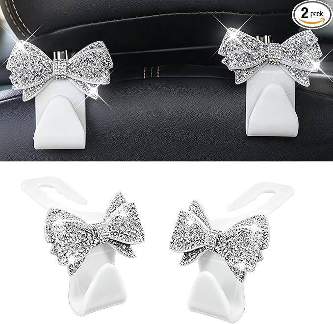 2-Pack Bling Car Seat Headrest Hooks, S Type Crystal Seat Back Hangers, Vehicle Seat Back Storage Hooks, Universal Car Rear Seat Organizer for Handbag, Purse, Coat, Grocery Bags (White) by Unknown