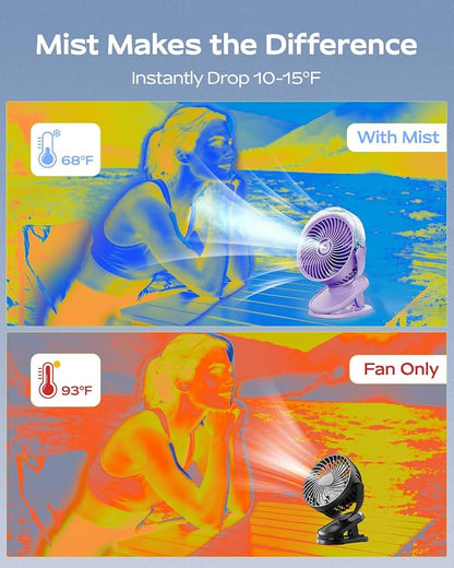 SWEETFULL Portable Misting Clip On Fan, USB-C Rechargeable Mini Personal Cooling Fan with 4 Speeds, 360° Rotatable, Quiet Cooling for Outdoor, Camping, Golf Cart, Travel, Stroller & Desk (Purple) - Image 3