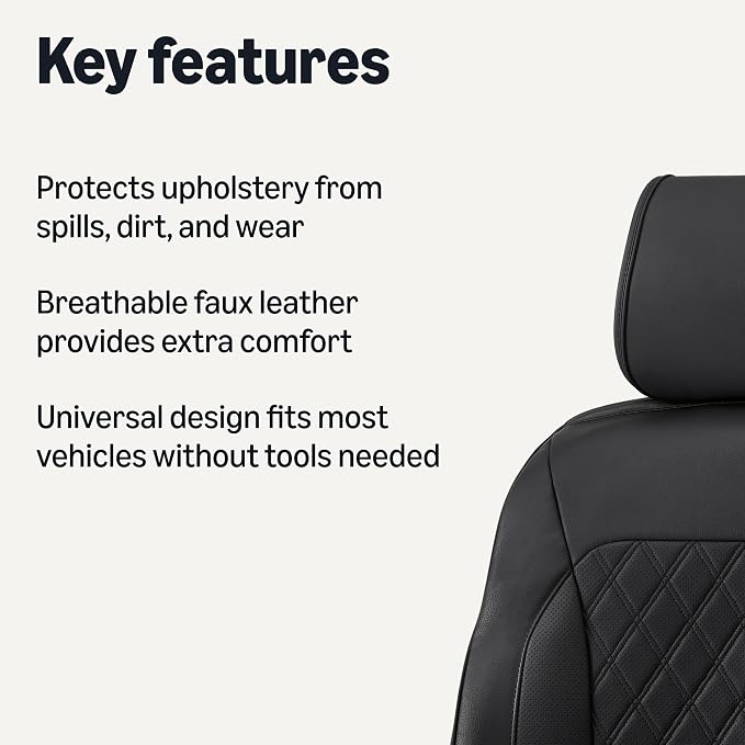 Amazon Basics Front Car Seat Covers, Breathable Faux Leather, Universal Fit, Black, 2-Pack - Image 2
