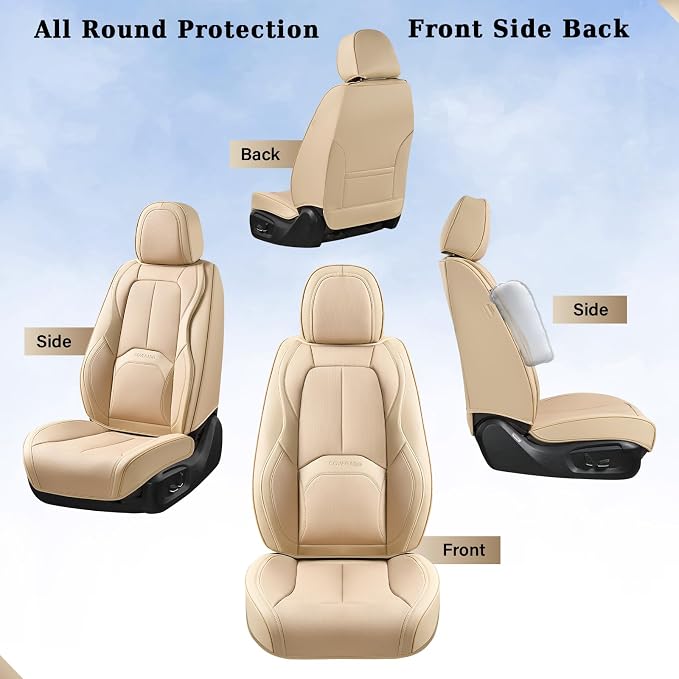 Coverado Seat Covers, Leather Seat Covers Front Seat, Luxury Car Seat Covers with Lumbar Support, Front Driver Seat Covers, Car Seat Protector Waterproof Universal Fit Most Cars(Beige) - Image 5