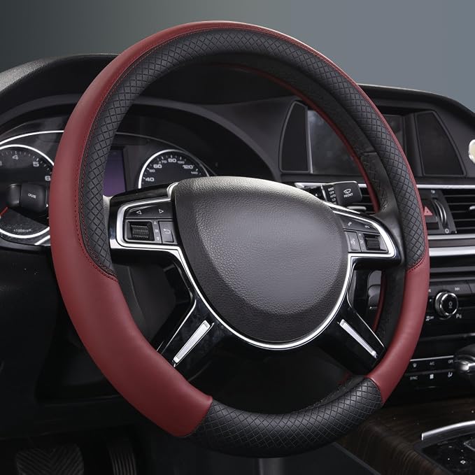 CAR PASS Rhombus Leather Universal Steering Wheel Cover, Fit for Suvs,Trucks,Cars,Sedans,Vans (Black&Burgundy) - Image 3