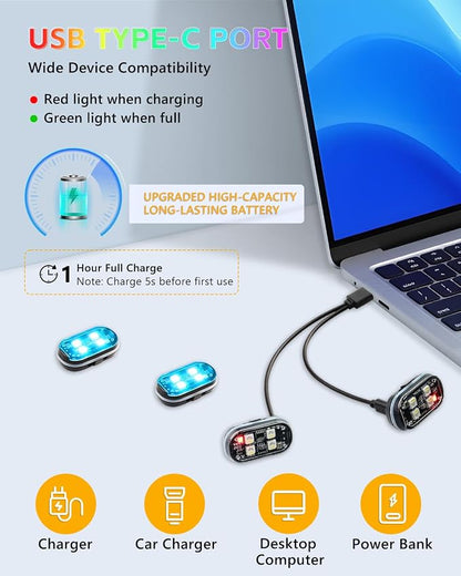 Upgraded 4PCS Wireless LED Strobe Lights for Car, 8 Colors Lights | Remote Control, Type-C charging Warning Light for Car Interior Motorcycle Drone Bike Decor - Image 7