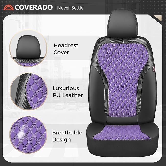 Coverado Front Seat Covers, Luxury Diamond Leather Car Seat Cover with Carbon Fiber Weave, Waterproof Car Seat Cover Driver Seat Cover Spill-Proof Design Universal Fit for Most Cars, BlackPurple - Image 5