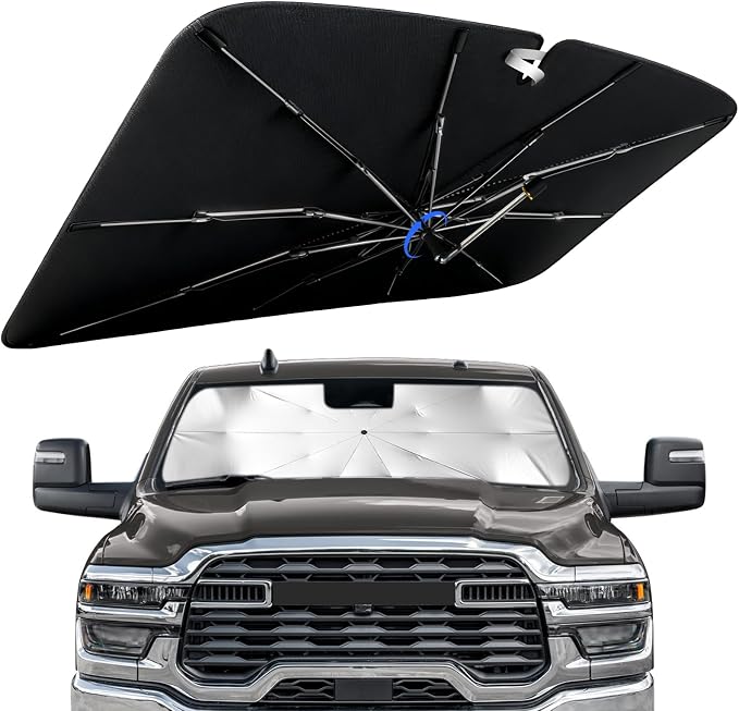 Windshield Sunshade for Dodge RAM 1500/2500 2013-2026, 360°Rotating Shaft | Custom Fit Umbrella Sunshade for UV Blocking, Interior Heat Protection, Easy Storage, UPF 50+ Cool Windshield Cover by Lonyaqui