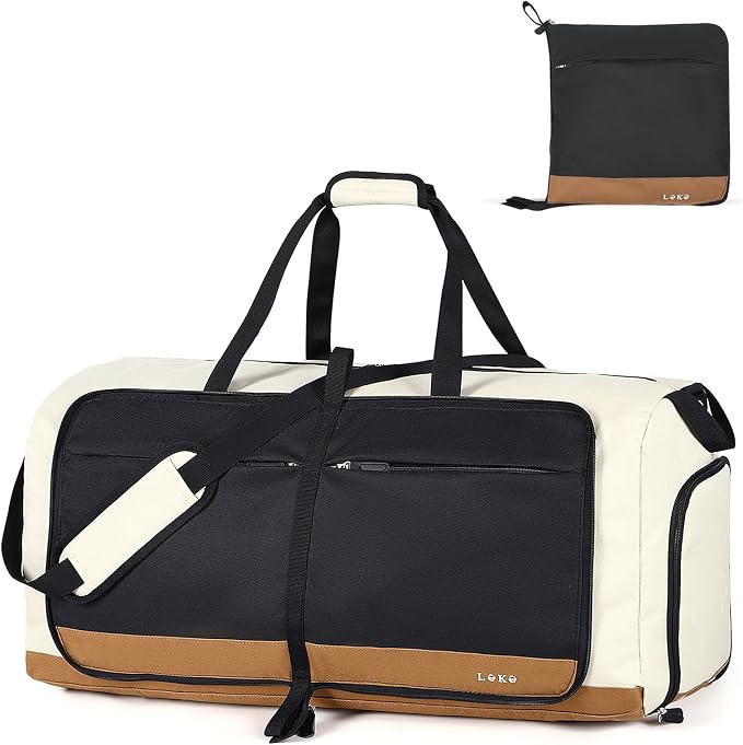 Lekesky Foldable Travel Duffle Bag for Women, Large Duffel Bag with Separate Shoes Compartments & Straps, Carry On Weekend Bag for Women, Hospital, Overnight (Camel & Brown, 80L) by LEKESKY