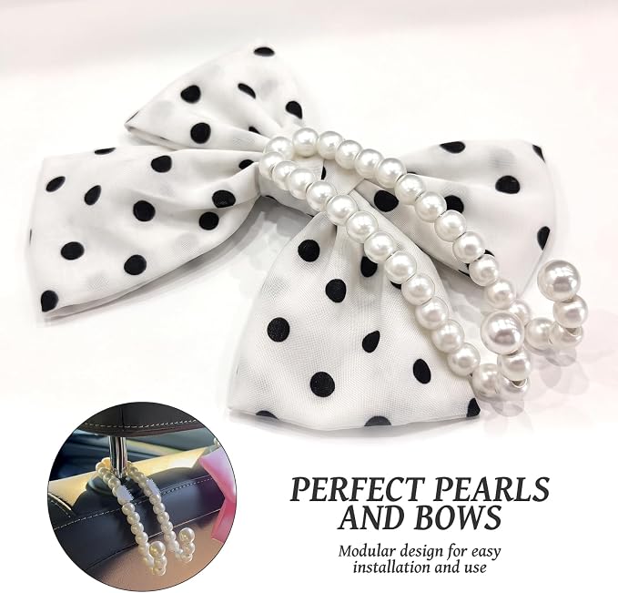 2 PCS Bow Pearl Car Seat Headrest Hook – Cute Purse Hook for Car, Girly Interior Decoration Accessories Hook Hanger, Seatback Holder for Purses & Bags, Elegant Car Organizer (White Polka Dot) - Image 8