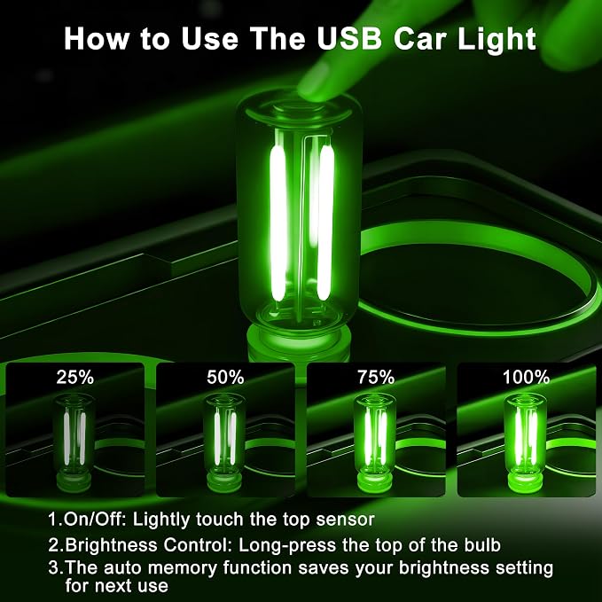 Car USB Night Light Touch Dimmable - 1-Pack Retro LED Filament Lamp for Truck Interior, Bedroom & Camping | Glass Bottle Ambiance Lighting (Green) - Image 4